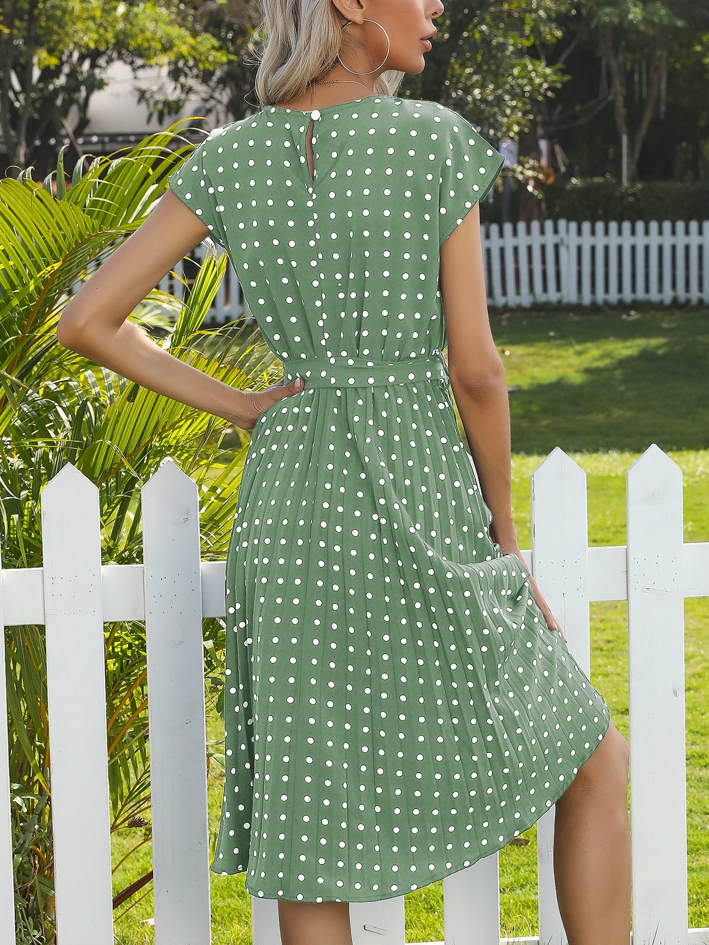 Retro-Chic Short Sleeves Polka All-Over Dot Pleated Belted Midi Casual Dress