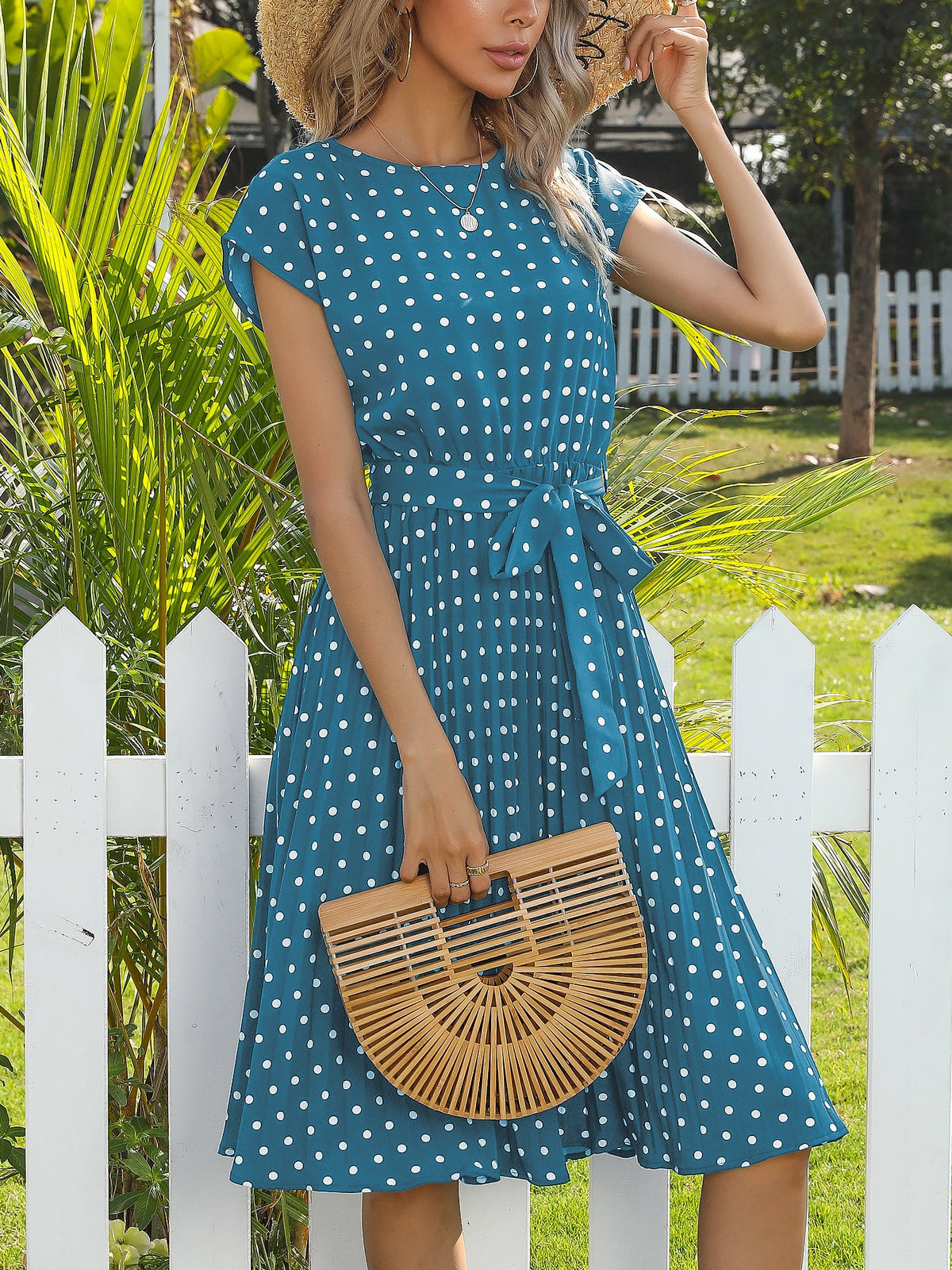 Retro-Chic Short Sleeves Polka All-Over Dot Pleated Belted Midi Casual Dress