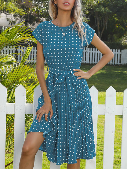 Retro-Chic Short Sleeves Polka All-Over Dot Pleated Belted Midi Casual Dress