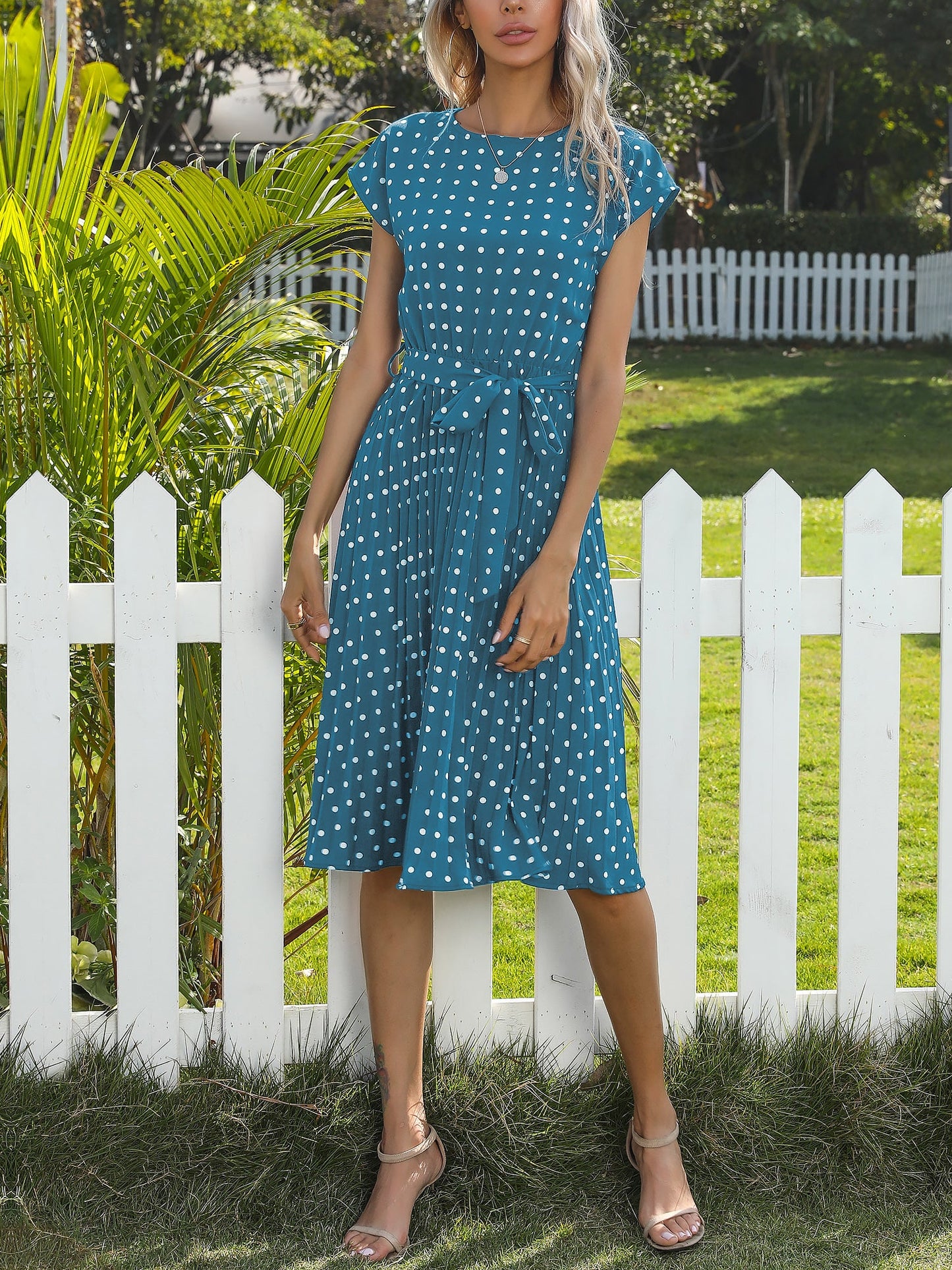 Retro-Chic Short Sleeves Polka All-Over Dot Pleated Belted Midi Casual Dress