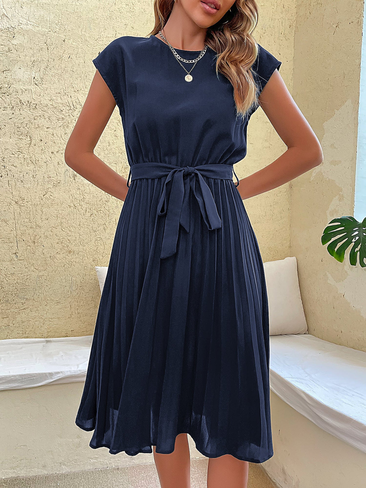 Classic A-Line Short Sleeves Solid Color Belted Pleated Midi Casual Dress