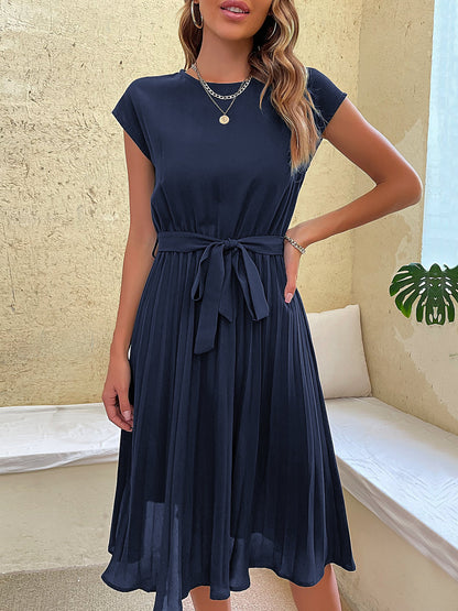 Classic A-Line Short Sleeves Solid Color Belted Pleated Midi Casual Dress