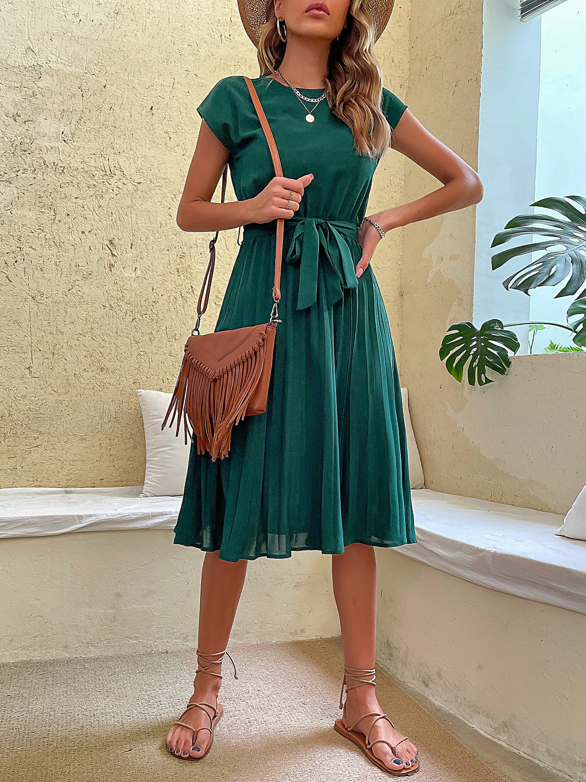 Classic A-Line Short Sleeves Solid Color Belted Pleated Midi Casual Dress