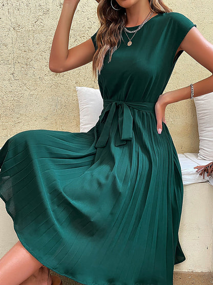 Classic A-Line Short Sleeves Solid Color Belted Pleated Midi Casual Dress