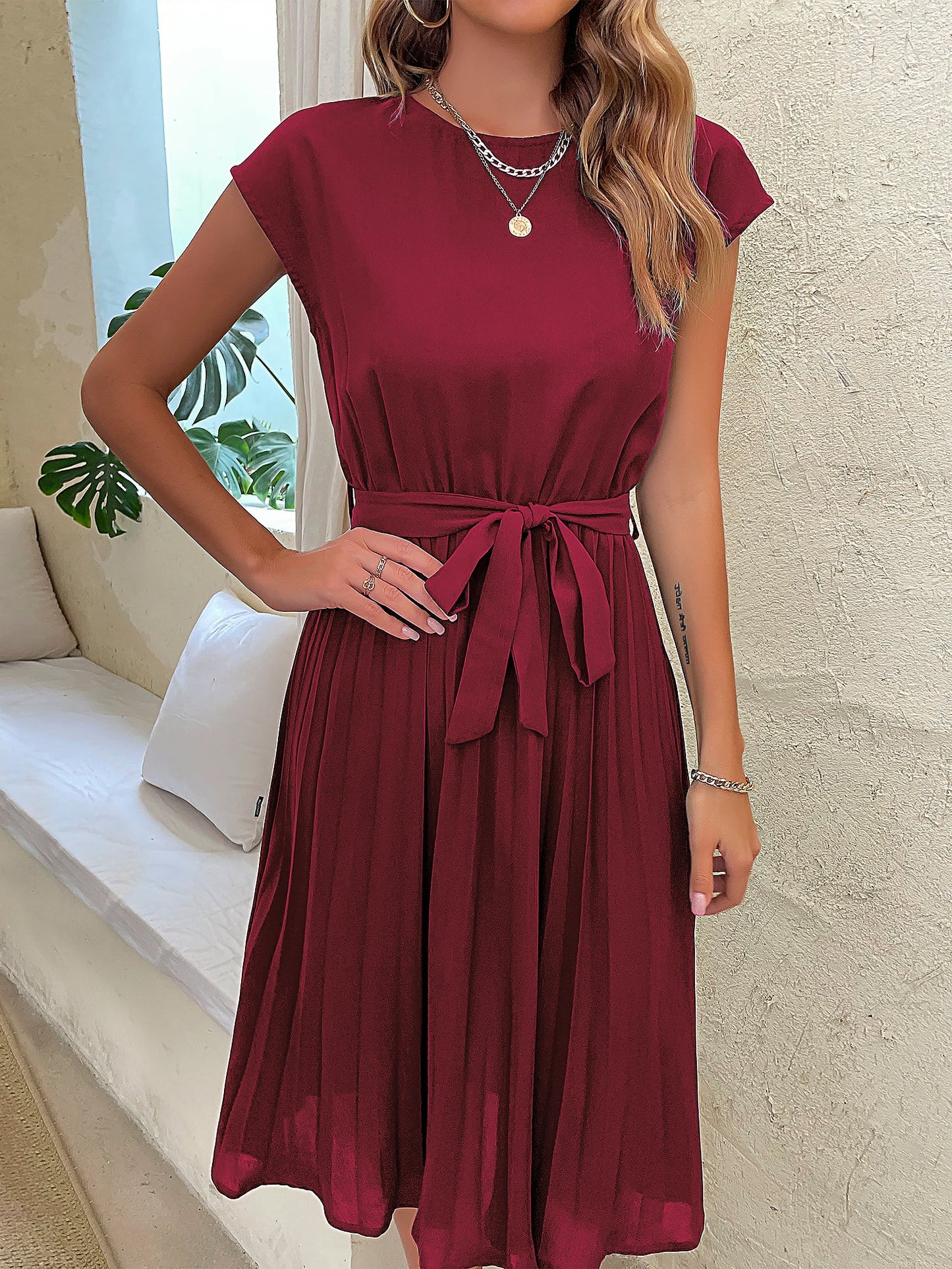 Classic A-Line Short Sleeves Solid Color Belted Pleated Midi Casual Dress