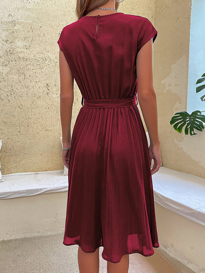 Classic A-Line Short Sleeves Solid Color Belted Pleated Midi Casual Dress