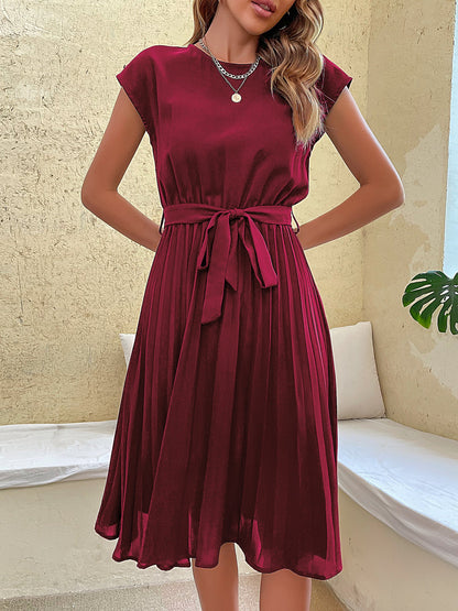 Classic A-Line Short Sleeves Solid Color Belted Pleated Midi Casual Dress