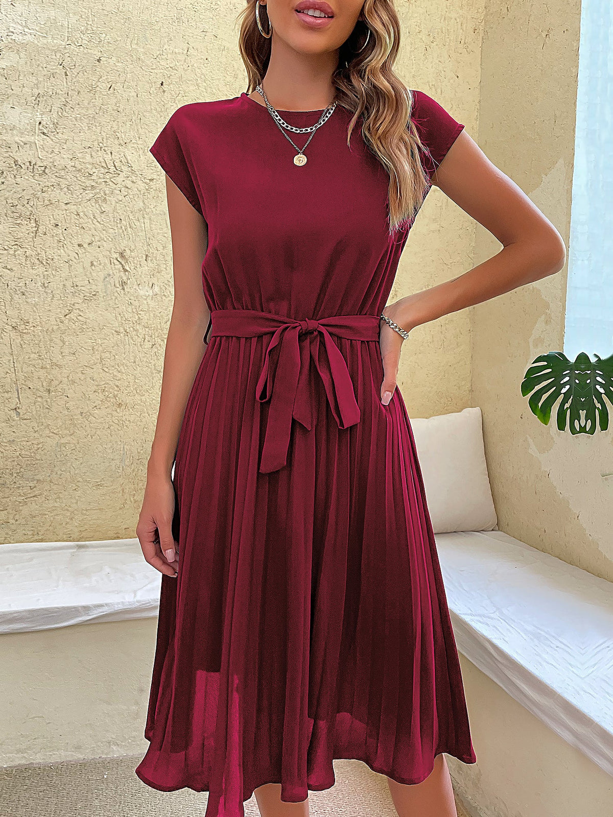 Classic A-Line Short Sleeves Solid Color Belted Pleated Midi Casual Dress