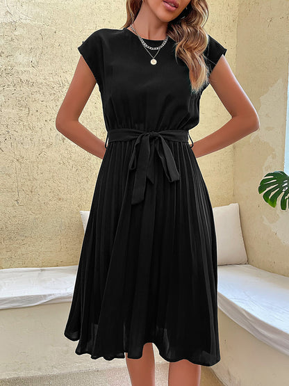Classic A-Line Short Sleeves Solid Color Belted Pleated Midi Casual Dress