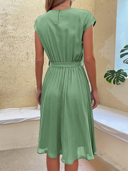 Classic A-Line Short Sleeves Solid Color Belted Pleated Midi Casual Dress