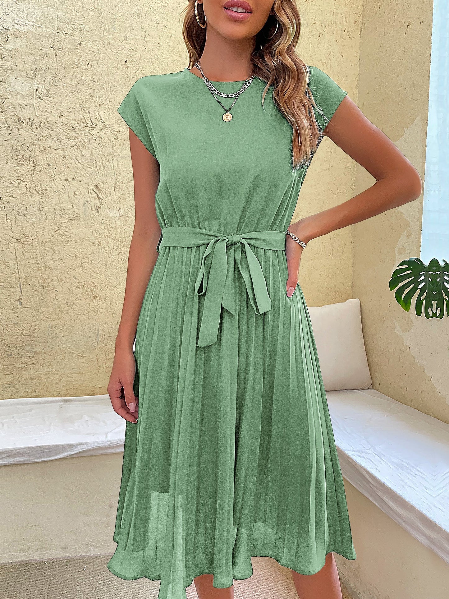 Classic A-Line Short Sleeves Solid Color Belted Pleated Midi Casual Dress