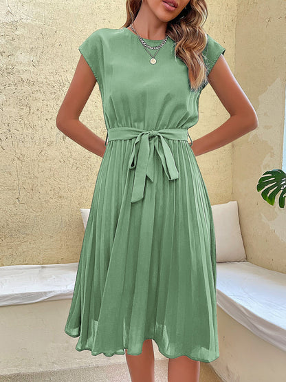 Classic A-Line Short Sleeves Solid Color Belted Pleated Midi Casual Dress