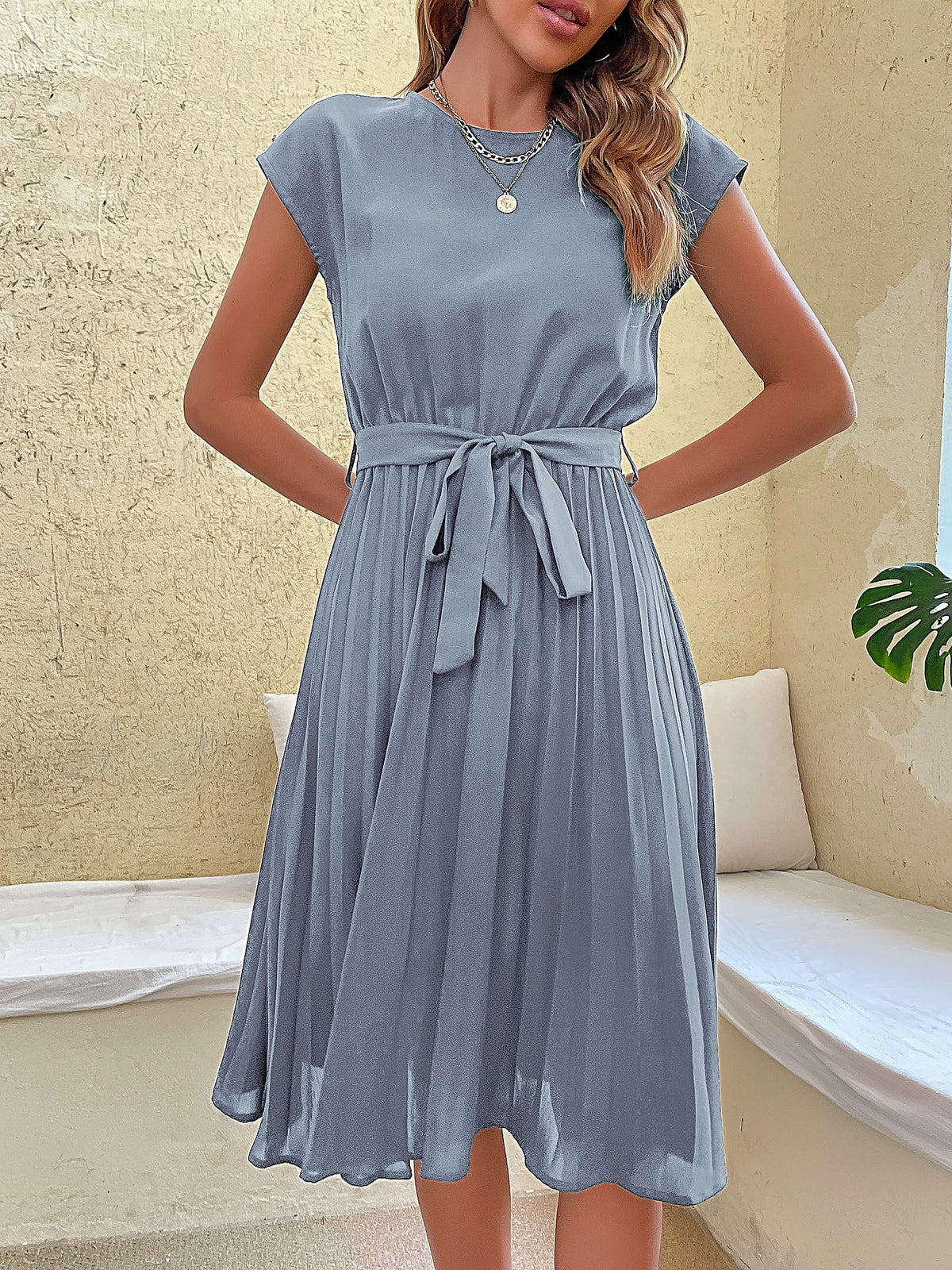 Classic A-Line Short Sleeves Solid Color Belted Pleated Midi Casual Dress
