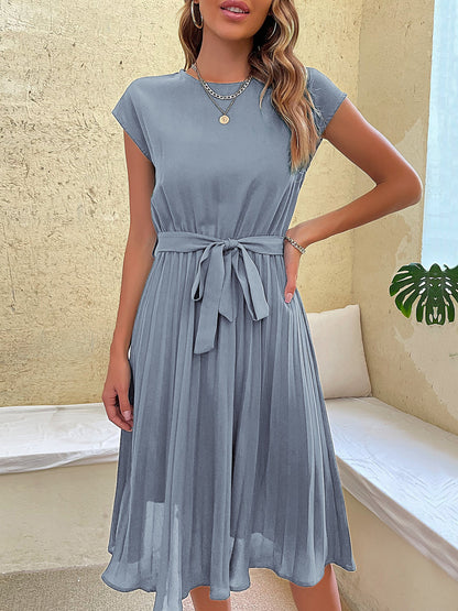 Classic A-Line Short Sleeves Solid Color Belted Pleated Midi Casual Dress