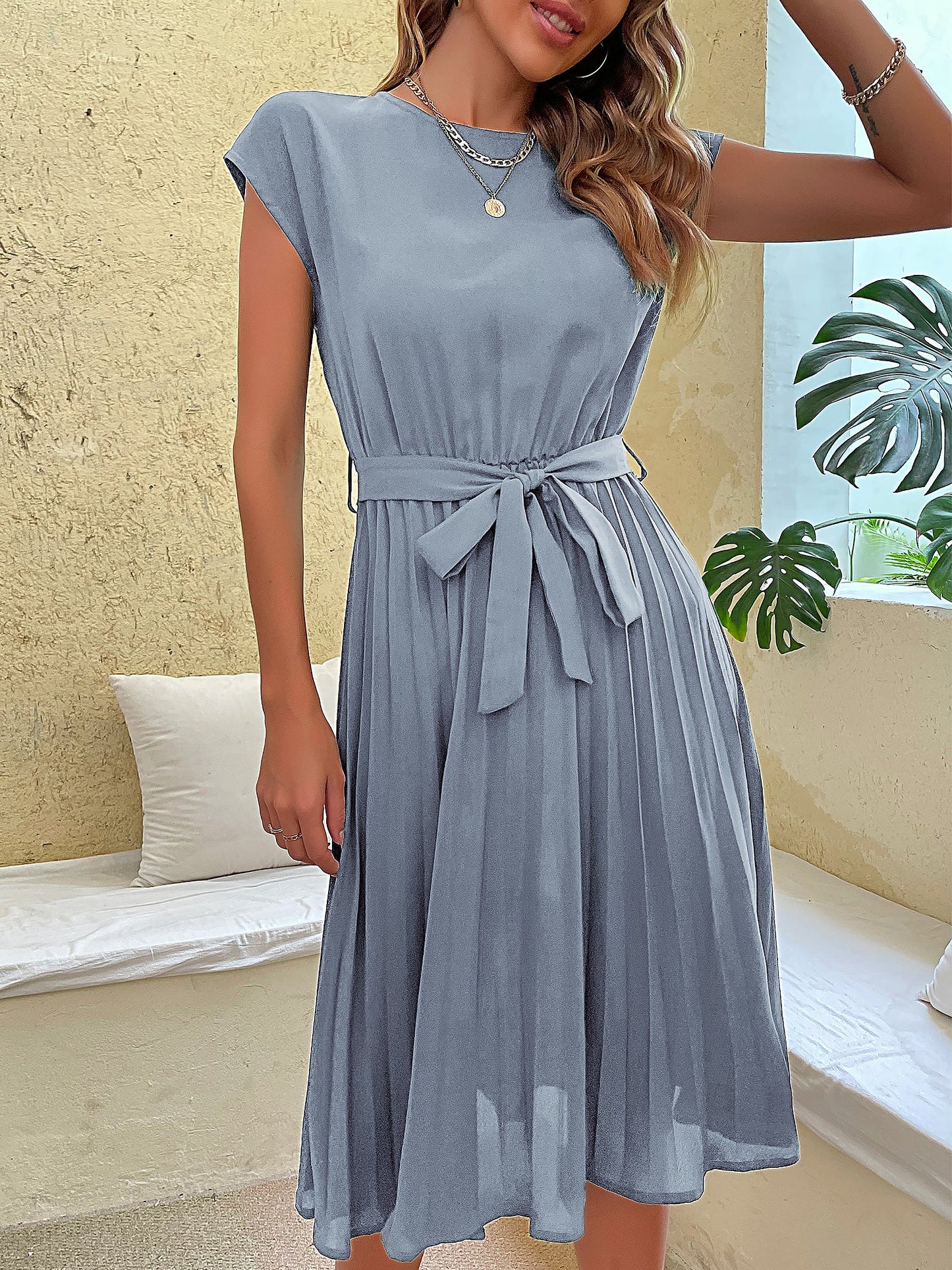 Classic A-Line Short Sleeves Solid Color Belted Pleated Midi Casual Dress