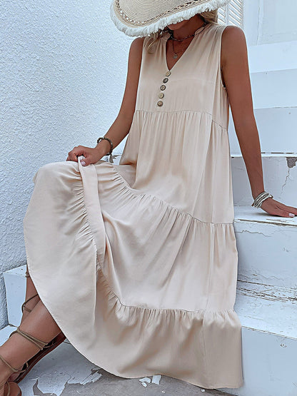 Notch Neck Buttoned Sleeveless Tiered Midi Dress