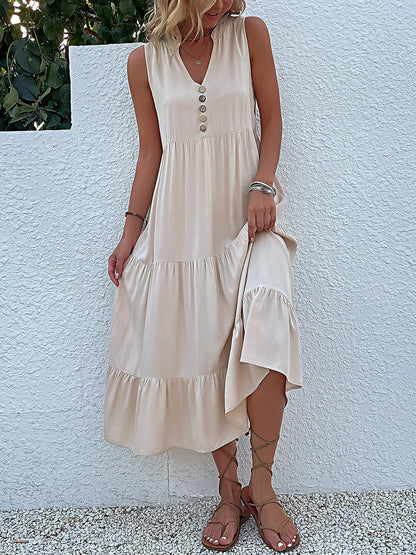 Notch Neck Buttoned Sleeveless Tiered Midi Dress