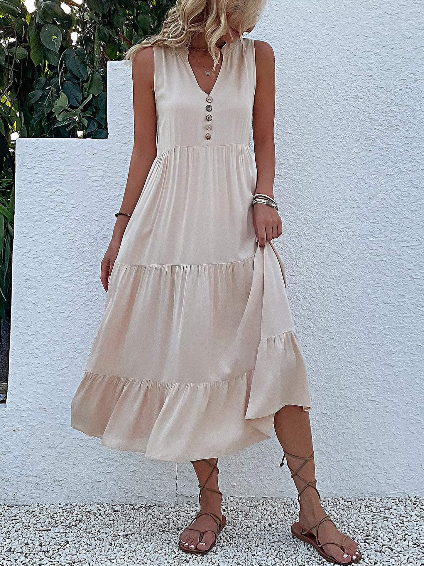 Notch Neck Buttoned Sleeveless Tiered Midi Dress