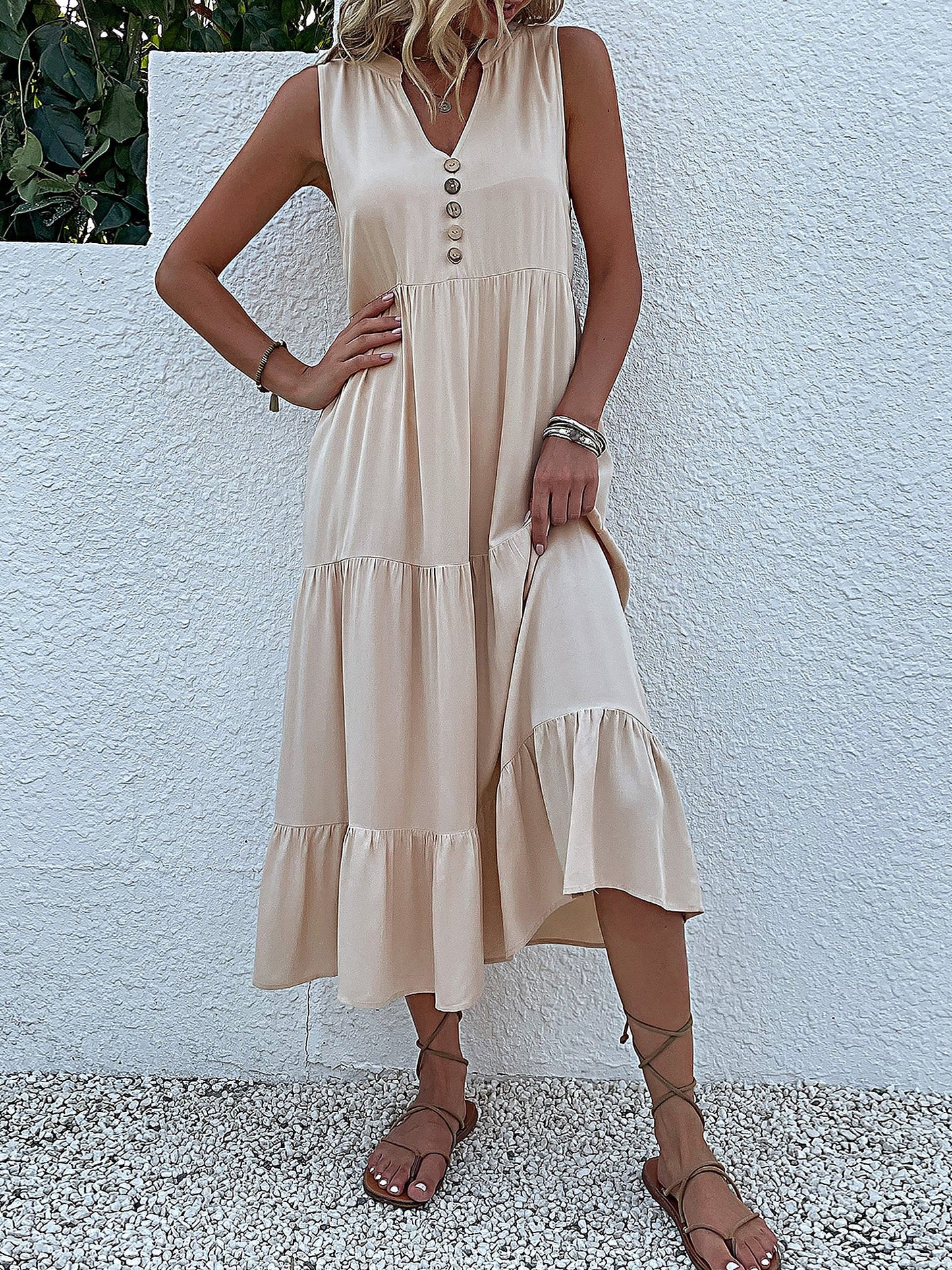Notch Neck Buttoned Sleeveless Tiered Midi Dress