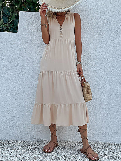 Notch Neck Buttoned Sleeveless Tiered Midi Dress