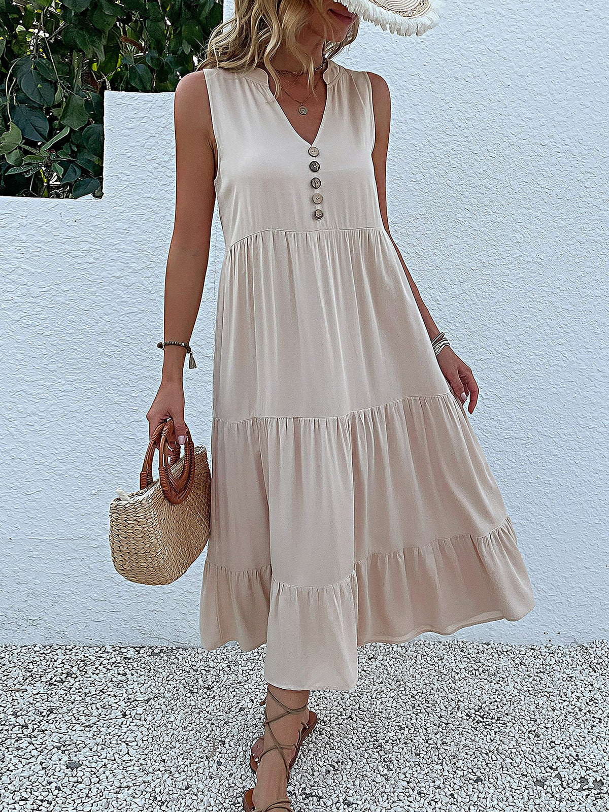Notch Neck Buttoned Sleeveless Tiered Midi Dress