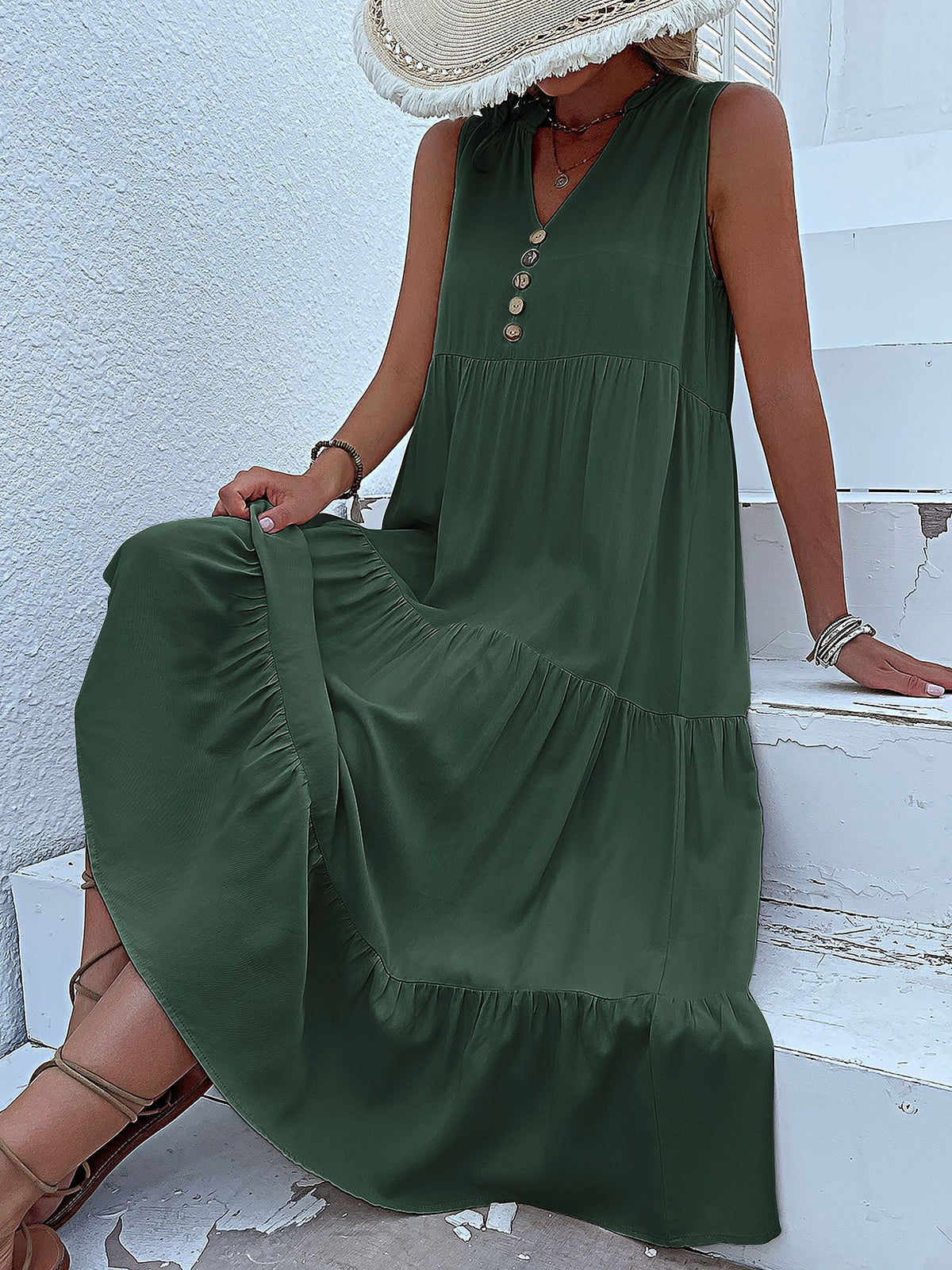 Notch Neck Buttoned Sleeveless Tiered Midi Dress