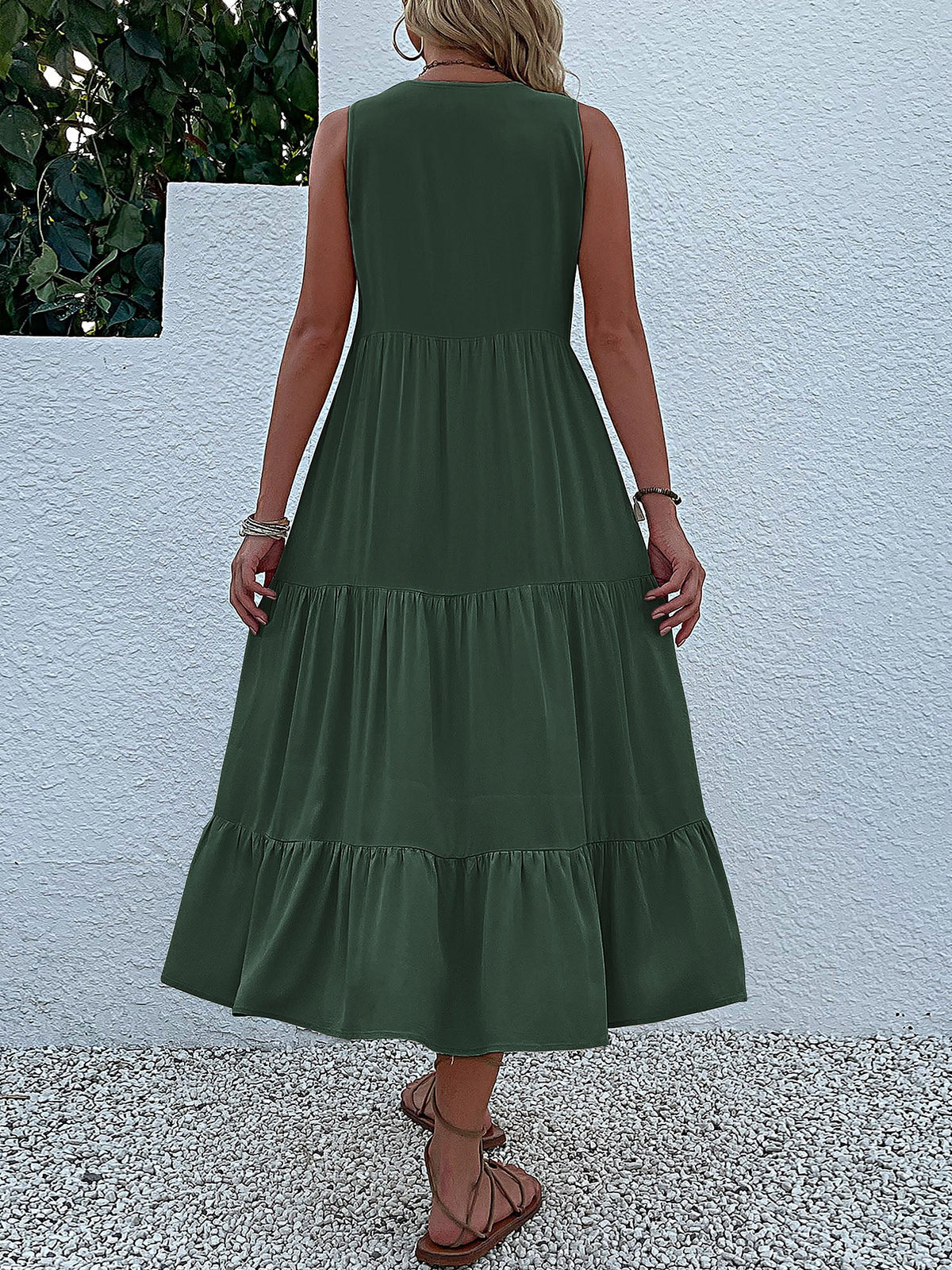 Notch Neck Buttoned Sleeveless Tiered Midi Dress