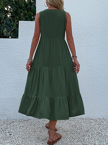 Notch Neck Buttoned Sleeveless Tiered Midi Dress