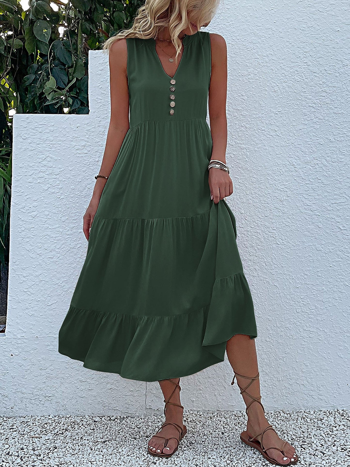 Notch Neck Buttoned Sleeveless Tiered Midi Dress