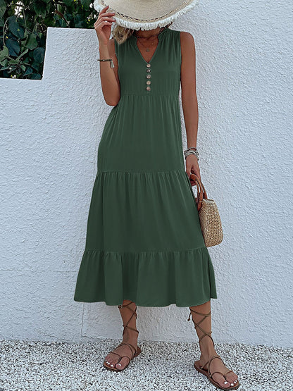 Notch Neck Buttoned Sleeveless Tiered Midi Dress