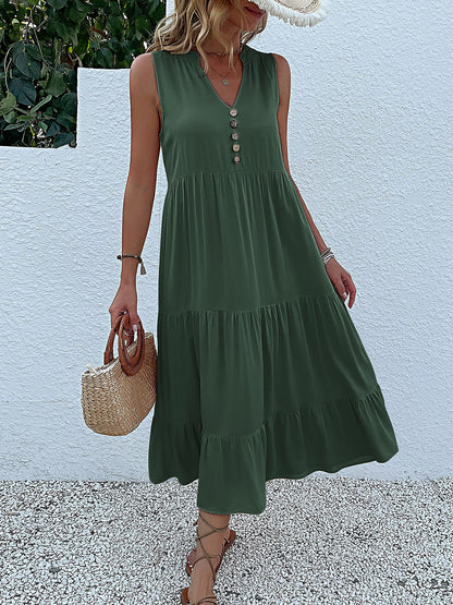 Notch Neck Buttoned Sleeveless Tiered Midi Dress