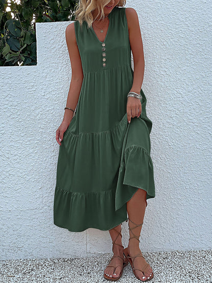 Notch Neck Buttoned Sleeveless Tiered Midi Dress