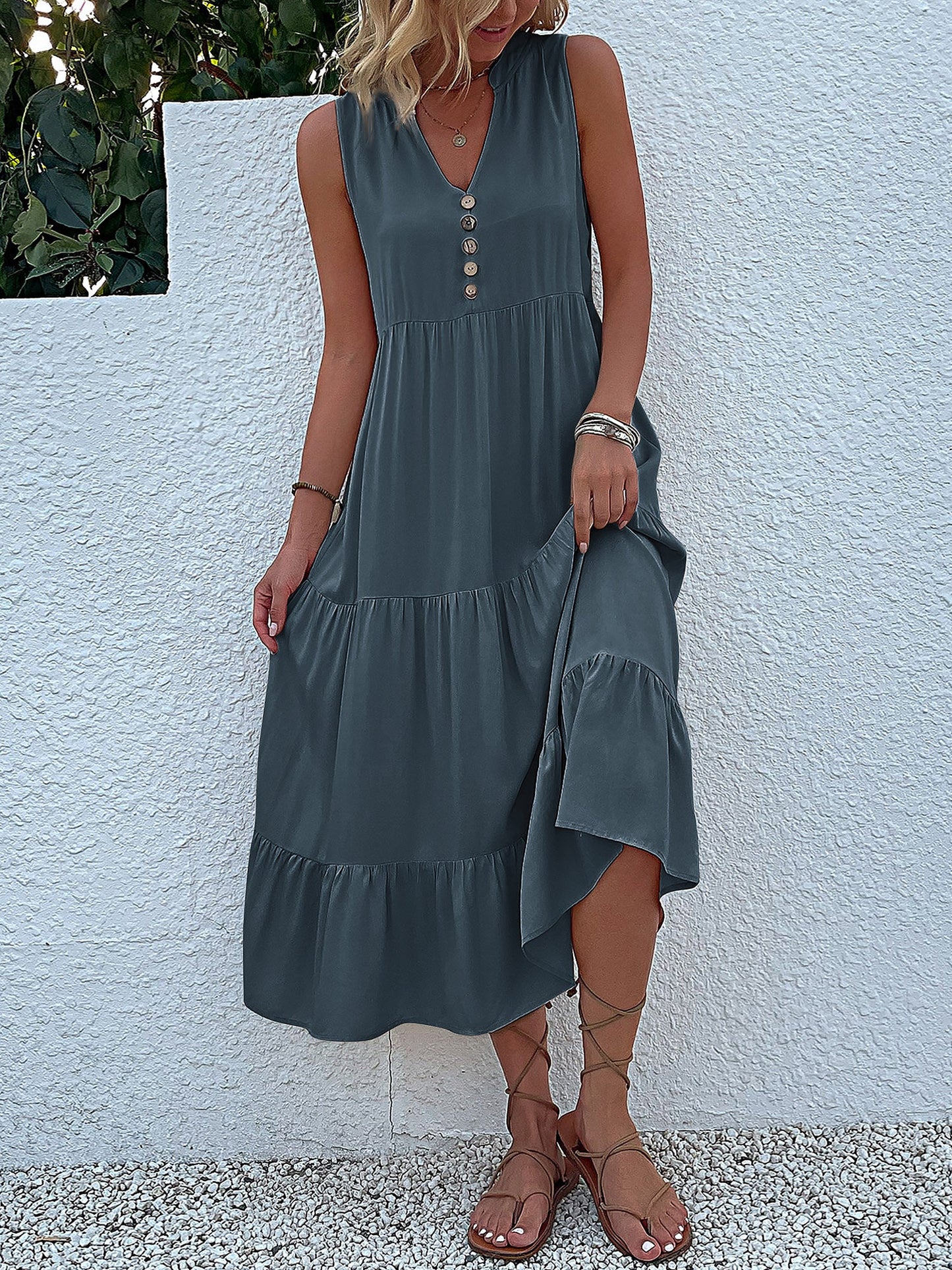 Notch Neck Buttoned Sleeveless Tiered Midi Dress