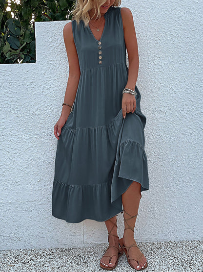 Notch Neck Buttoned Sleeveless Tiered Midi Dress