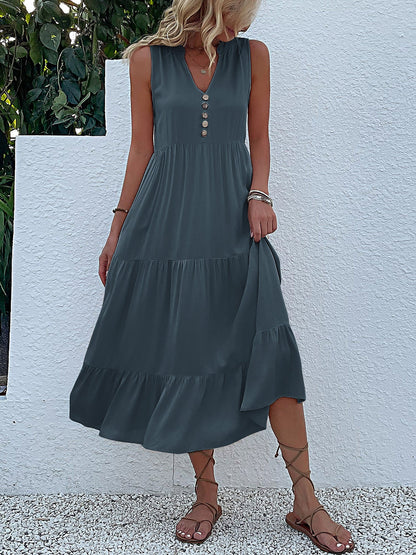 Notch Neck Buttoned Sleeveless Tiered Midi Dress