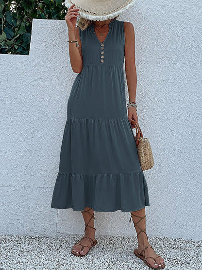 Notch Neck Buttoned Sleeveless Tiered Midi Dress