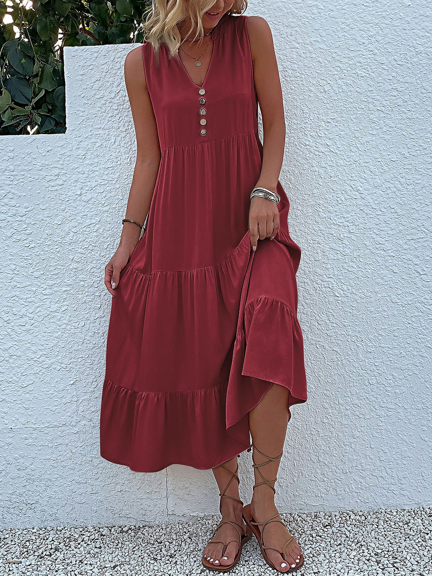 Notch Neck Buttoned Sleeveless Tiered Midi Dress