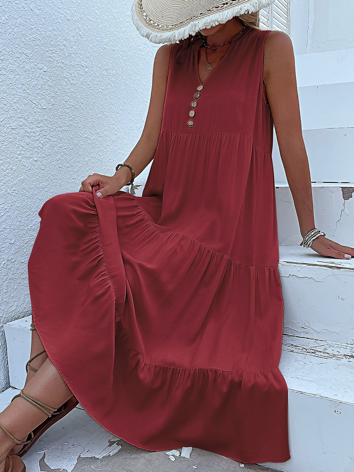 Notch Neck Buttoned Sleeveless Tiered Midi Dress