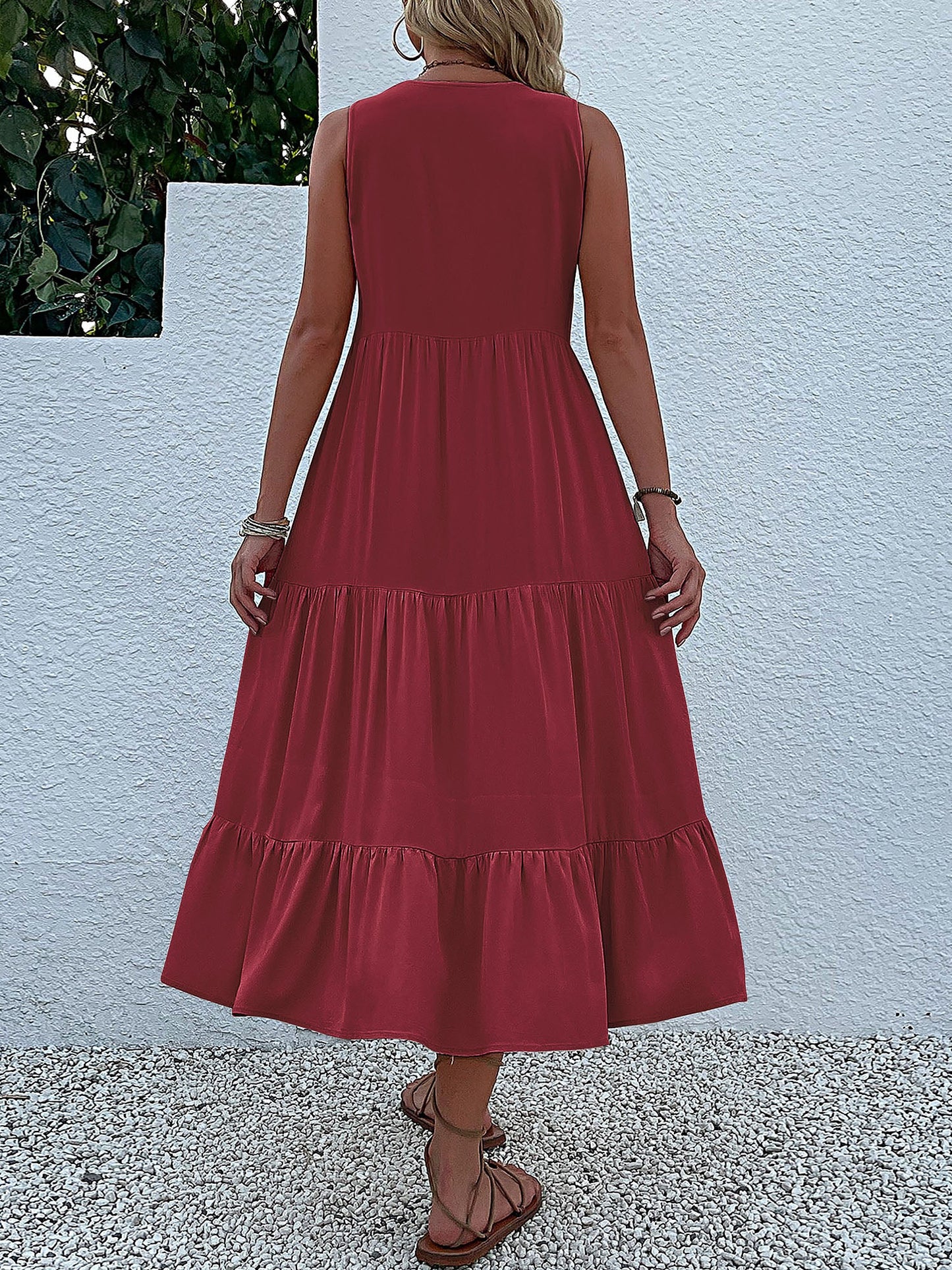 Notch Neck Buttoned Sleeveless Tiered Midi Dress