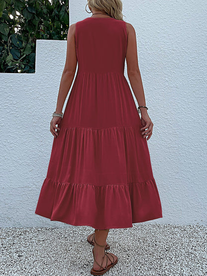 Notch Neck Buttoned Sleeveless Tiered Midi Dress
