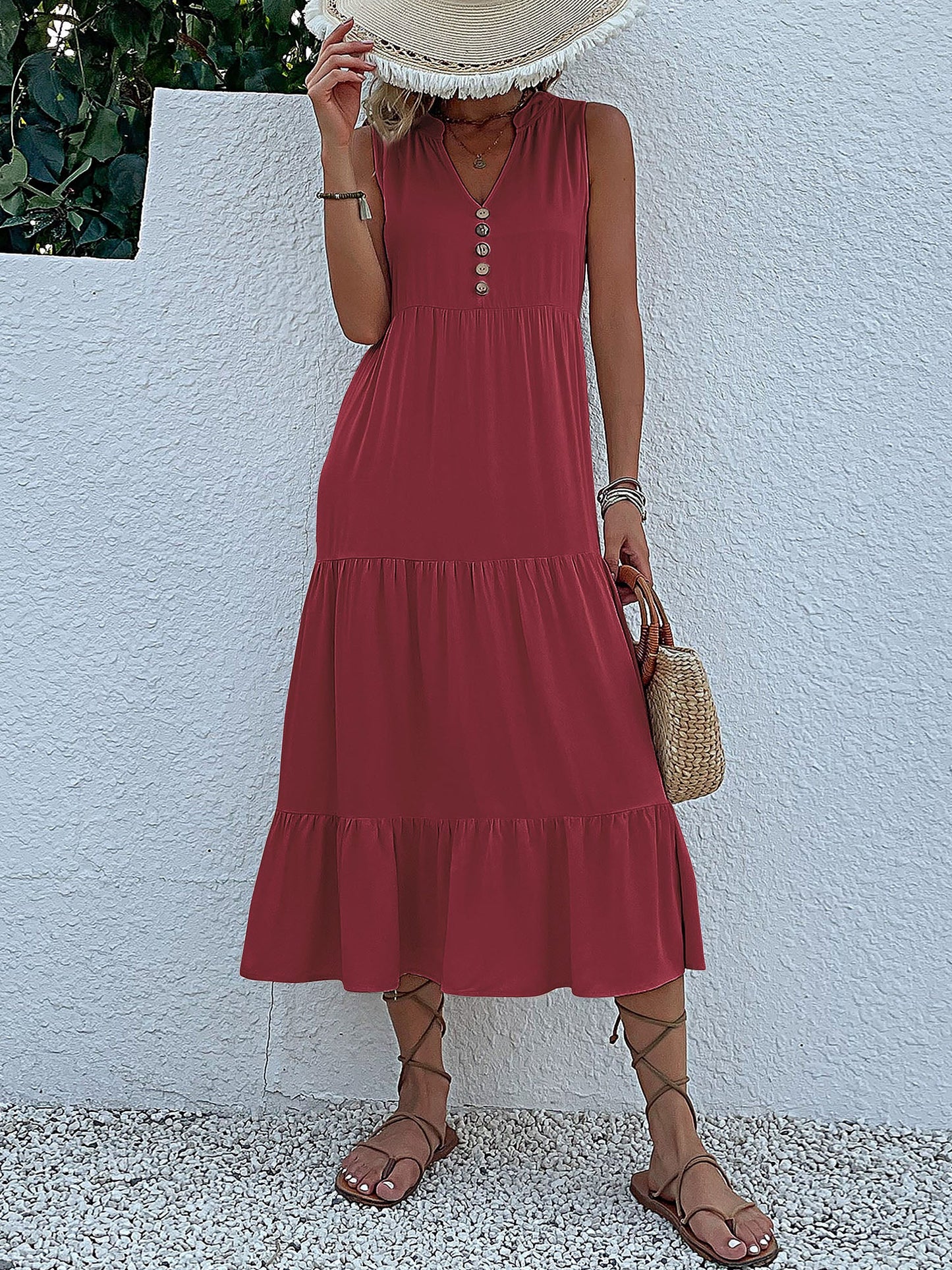 Notch Neck Buttoned Sleeveless Tiered Midi Dress