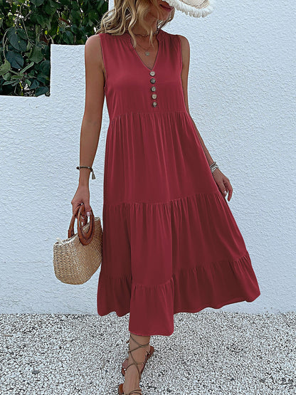 Notch Neck Buttoned Sleeveless Tiered Midi Dress