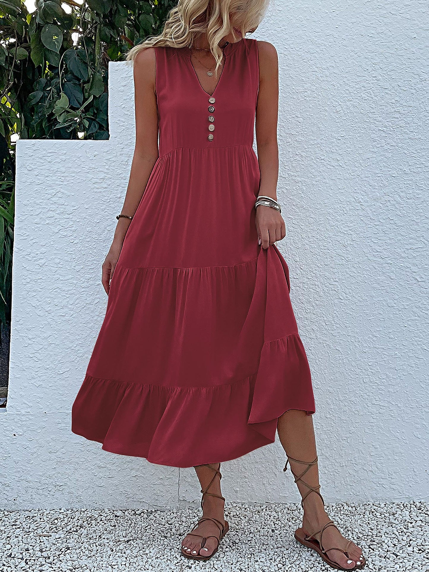 Notch Neck Buttoned Sleeveless Tiered Midi Dress