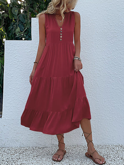 Notch Neck Buttoned Sleeveless Tiered Midi Dress