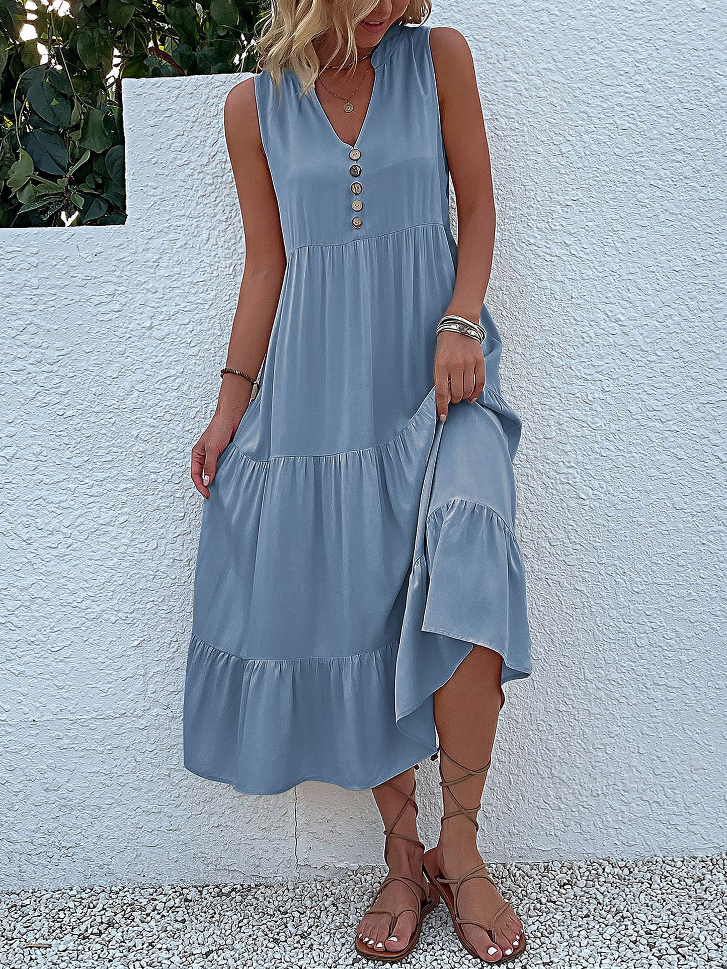 Notch Neck Buttoned Sleeveless Tiered Midi Dress