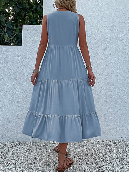 Notch Neck Buttoned Sleeveless Tiered Midi Dress