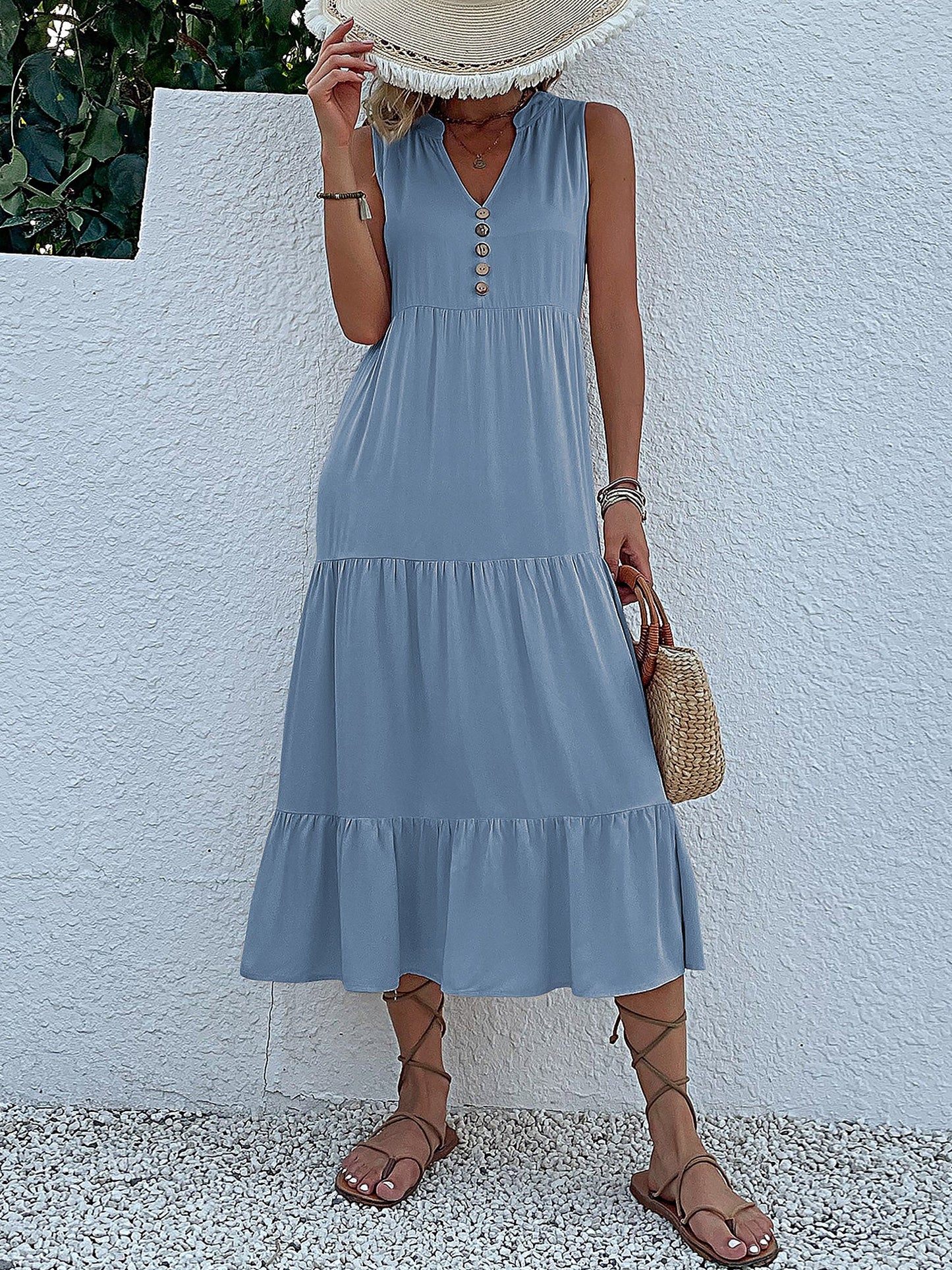 Notch Neck Buttoned Sleeveless Tiered Midi Dress