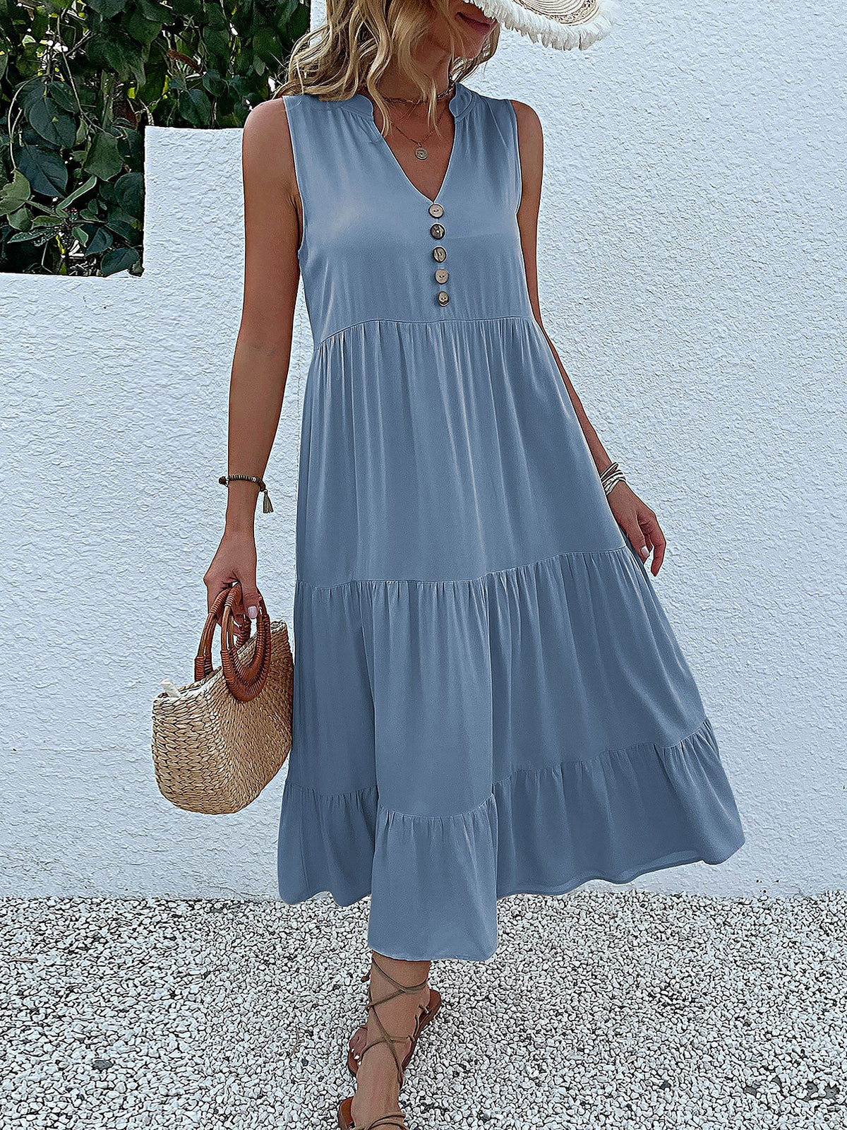Notch Neck Buttoned Sleeveless Tiered Midi Dress