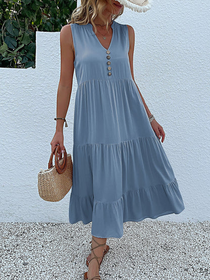 Notch Neck Buttoned Sleeveless Tiered Midi Dress