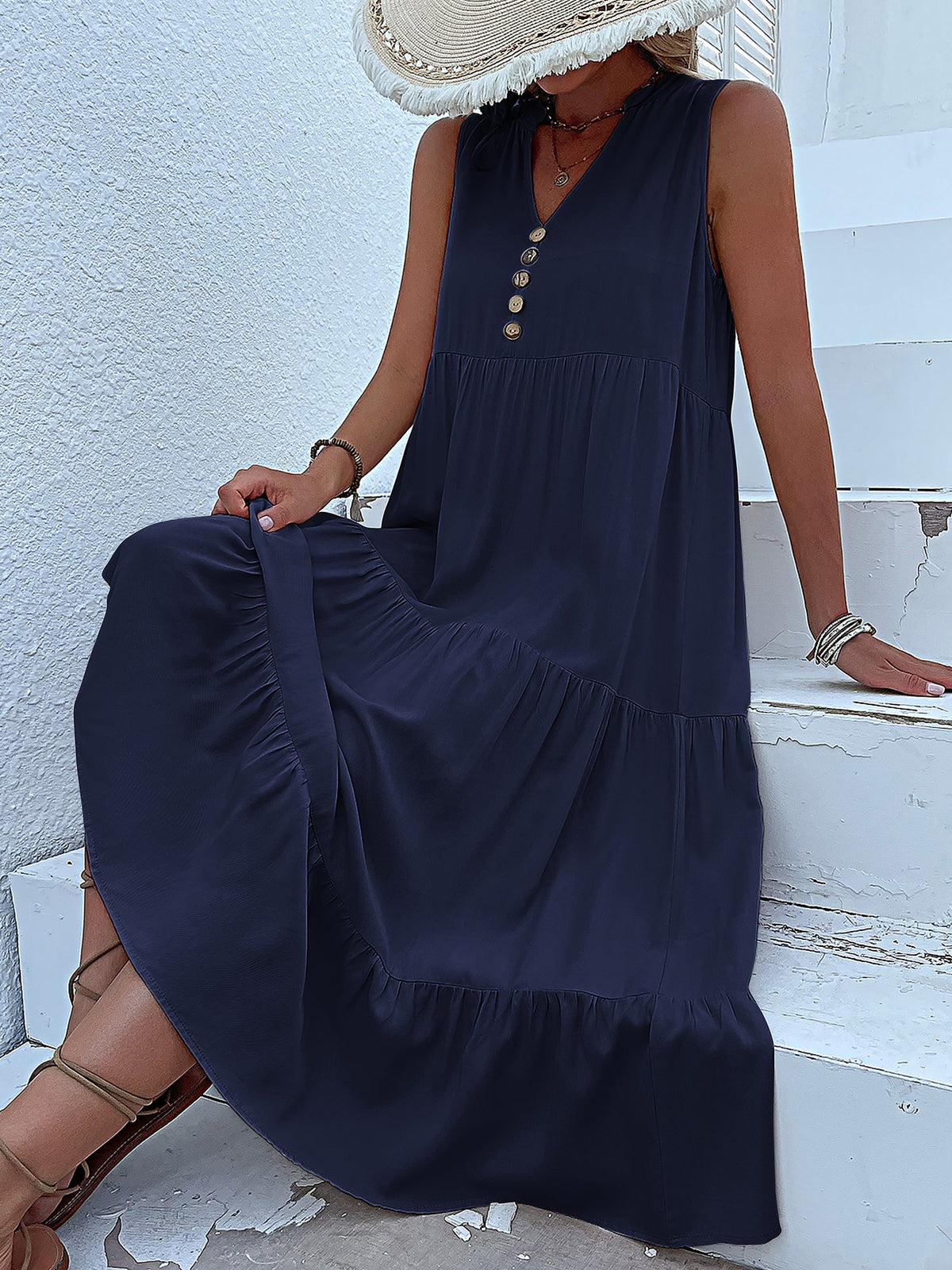 Notch Neck Buttoned Sleeveless Tiered Midi Dress